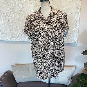 Wildfang Button Up Short Sleeve Shirt Leopard Brown Black Size Medium